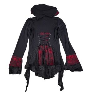 Y2K Lace Corset Hoodie Tripp NYC Sweater Black Red Jacket Womens M Goth Punk
